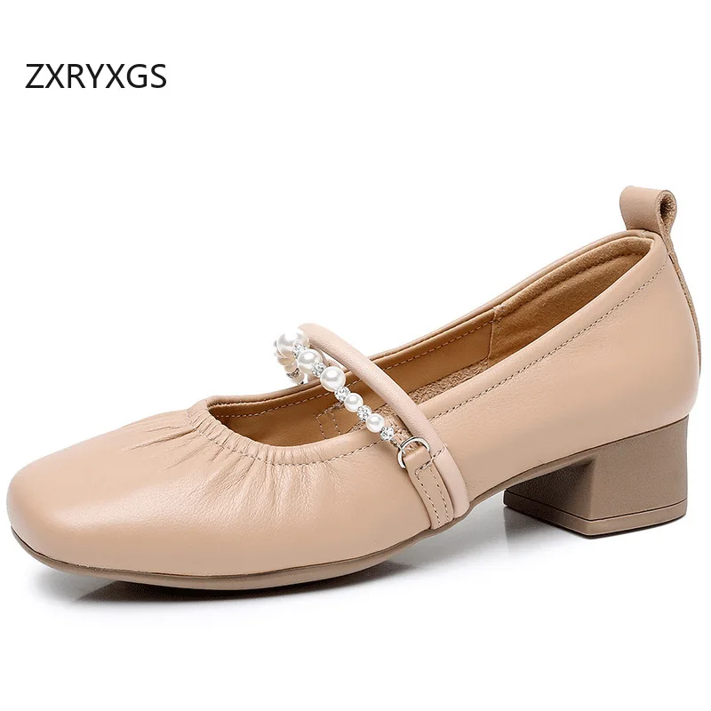 

ZXRYXGS/2025 новые осенние туфли премиум-класса из натуральной кожи с квадратным носком, женская удобная модная обувь на толстом среднем каблуке, большой размер