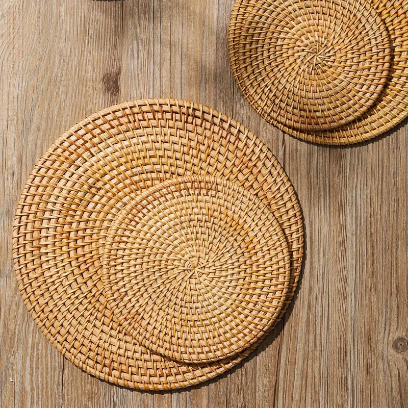 AOBT 10-20cm Pot Mats Handwoven Rattan Placemats Round Heat Insulation Mats Natural Woven Table Mats For Dining Home Wedding Dec
