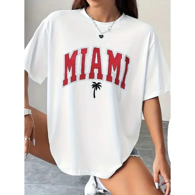 المرأة عارضة س الرقبة قصيرة الأكمام تي شيرت ، ميامي شجرة جوز الهند الشاطئ المطبوعة ، جميع الرياضيات ، الملابس القطنية ، أعلى الحد الأدنى #1