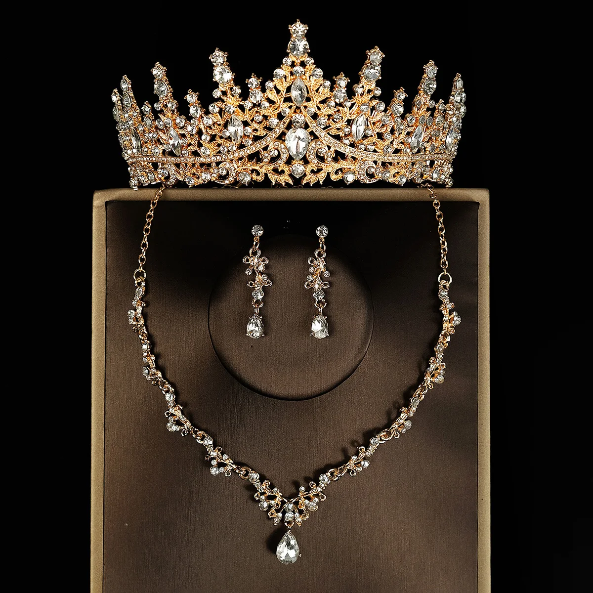 Full Of Charming Style Vintage Classical Champagne-color Ladies' Tiara Necklace Earrings 4 Pcs Set ​For Wedding Bride