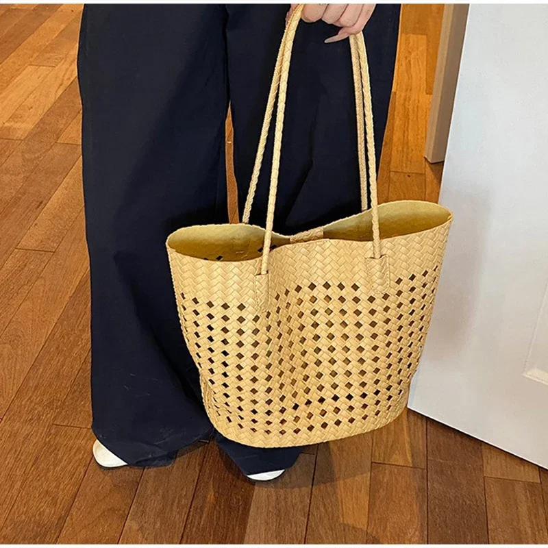 Rattan-Geflochtene Hohle Schultertasche mit Passender Geldbörse, Sommer-Shopper für Markt, Strand und Pendeln, Leichte Handtasche mit Offener Webung – Detail 13
