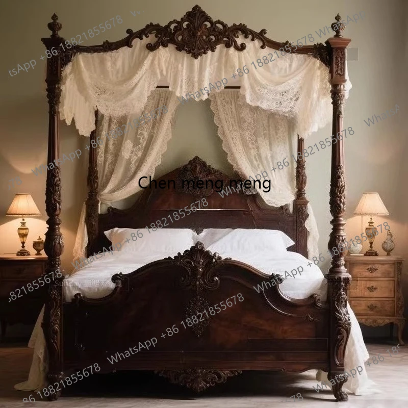 Hand-carved solid wood bed Roman column four-poster double bed color can be customized
