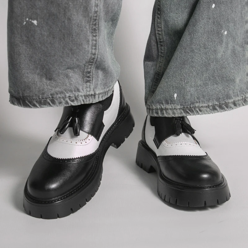 

Korean Style Men's Carved Breathable Big Toe Leather Shoes British Style Men Comfortable Thick Soled Tassel Casual Leather Shoes