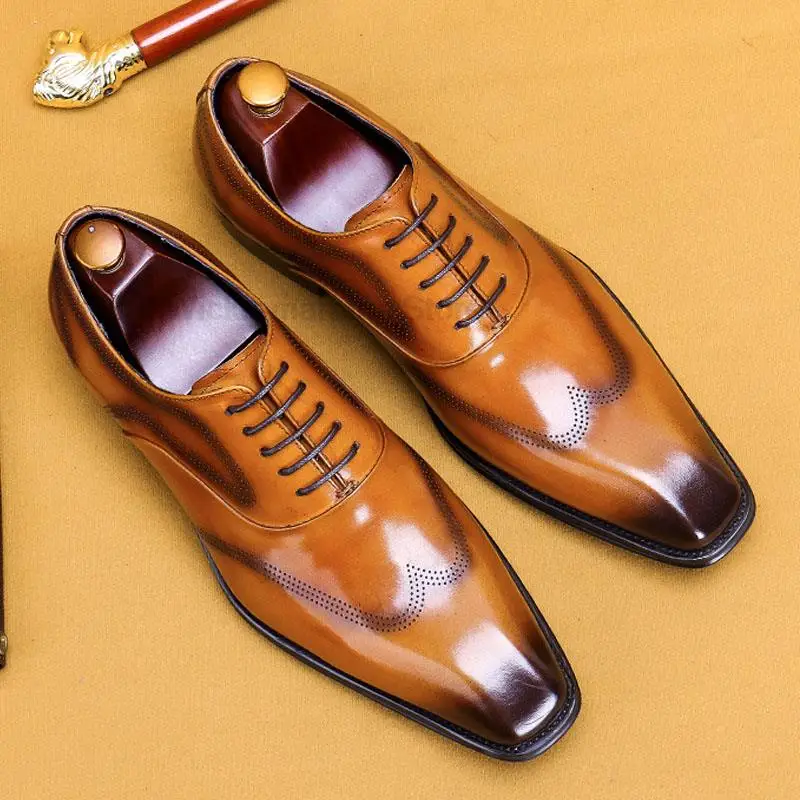 HKDQ Wing-tip Brogue Style Oxford Mens Dress Shoes Business Genuine Leather Black Brown Lace Up Wedding Formal Shoes For Men