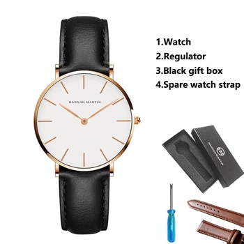1 takım kadınlar deri saatler Minimalist tarzı 6.9mm Ultra ince arama siyah hediye kutusu ayarlayıcı yedek askı kadın elbise kol