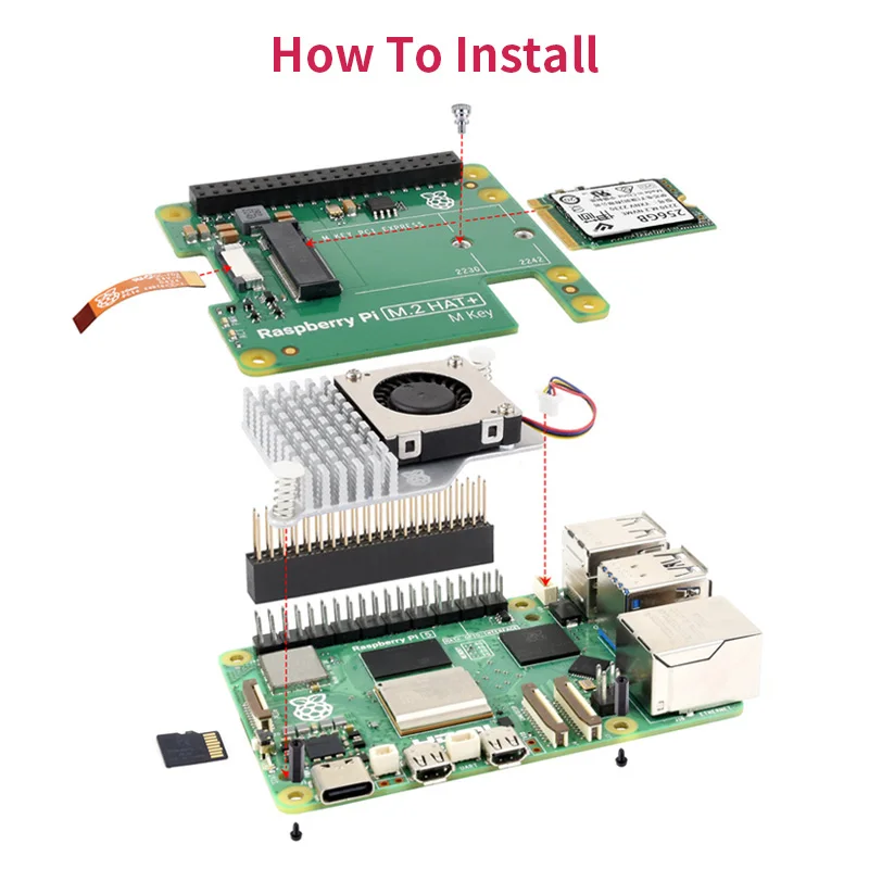 Raspberry Pi M.2 HAT + PCIe Para M.2 HAT Adaptador, Protocolo NVMe, Suporte de Unidade de Estado Sólido, Refrigerador Ativo para RPi 5, Oficial