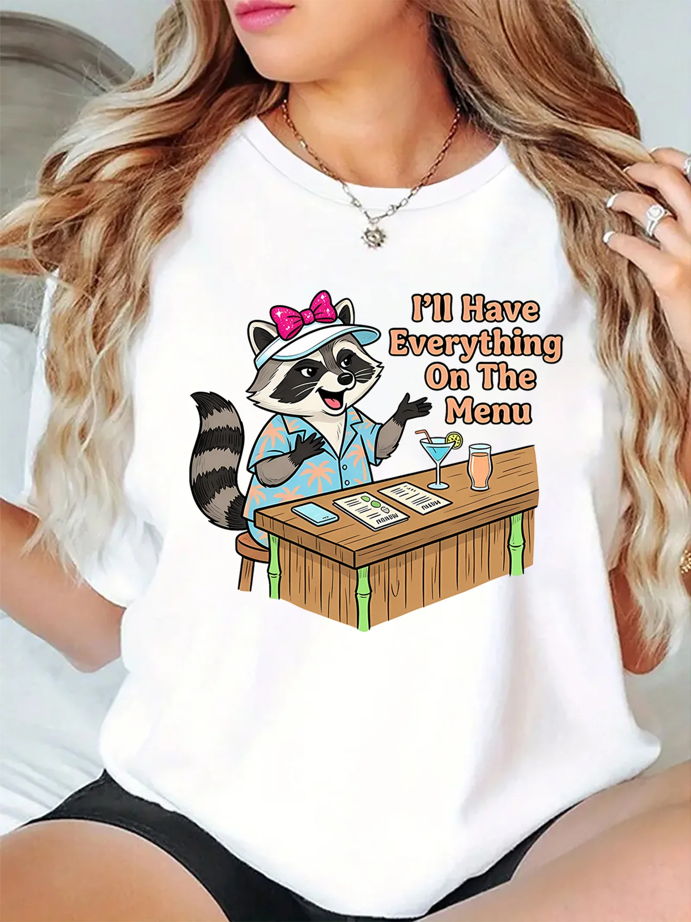 I Will Have Everything On The Menu Raccoon Bar Graphic Womens T Shirt Short Sleeve Crew Neck Funny Casual Ladies Tee Tops