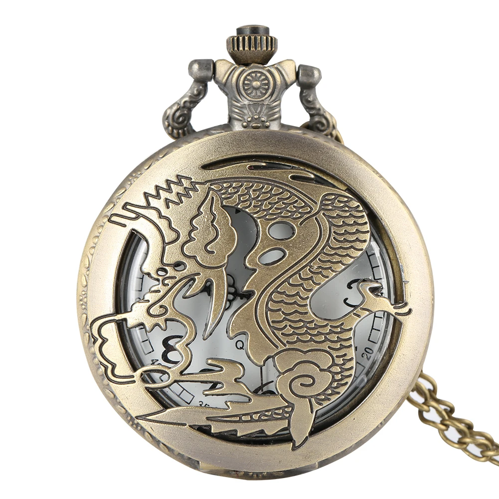 Reloj de bolsillo con colgante Retro Para hombre y mujer, cronógrafo analógico de cuarzo y bronce con diseño hueco de dragón Vintage, regalo de Año