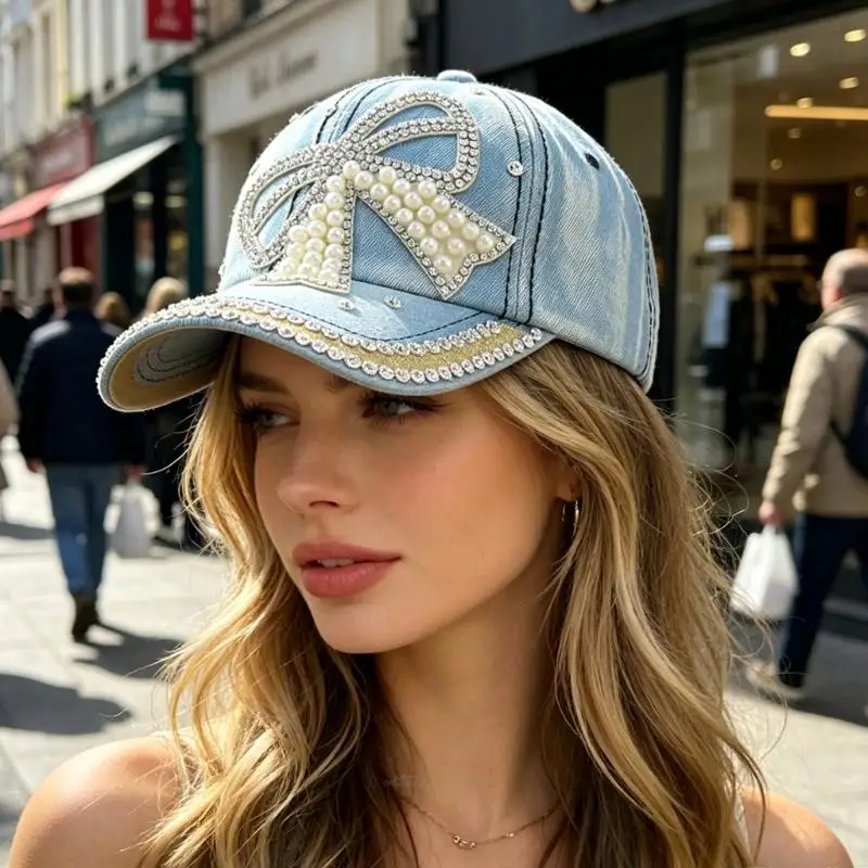 X5XA Rhinestones And Faux Pearls Embellished Jeans Cap For Daily Wear
