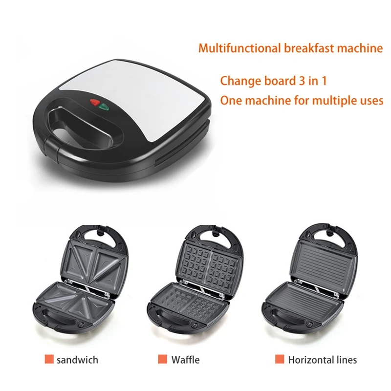 3 In 1 Sandwich Press Waffle And Steak Machine 750W Sandwich Toaster With 3 Detachable Non-Stick Plates US Plug