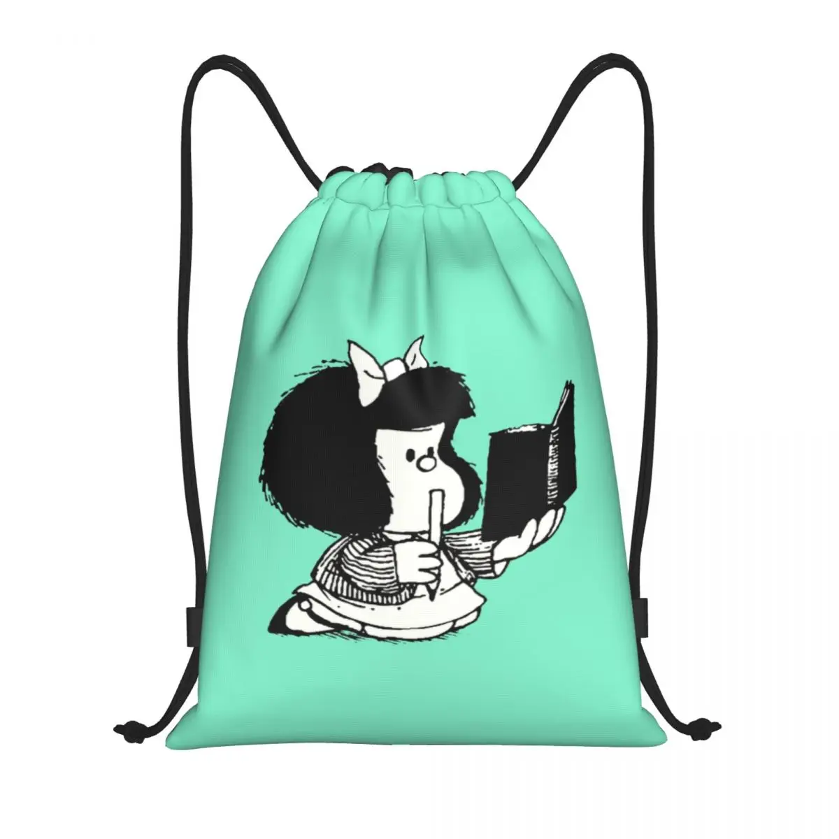 Kustom Mafalda tas punggung tali serut buku dia membaca tas wanita pria ringan Kawaii kartun Manga Gym olahraga ransel