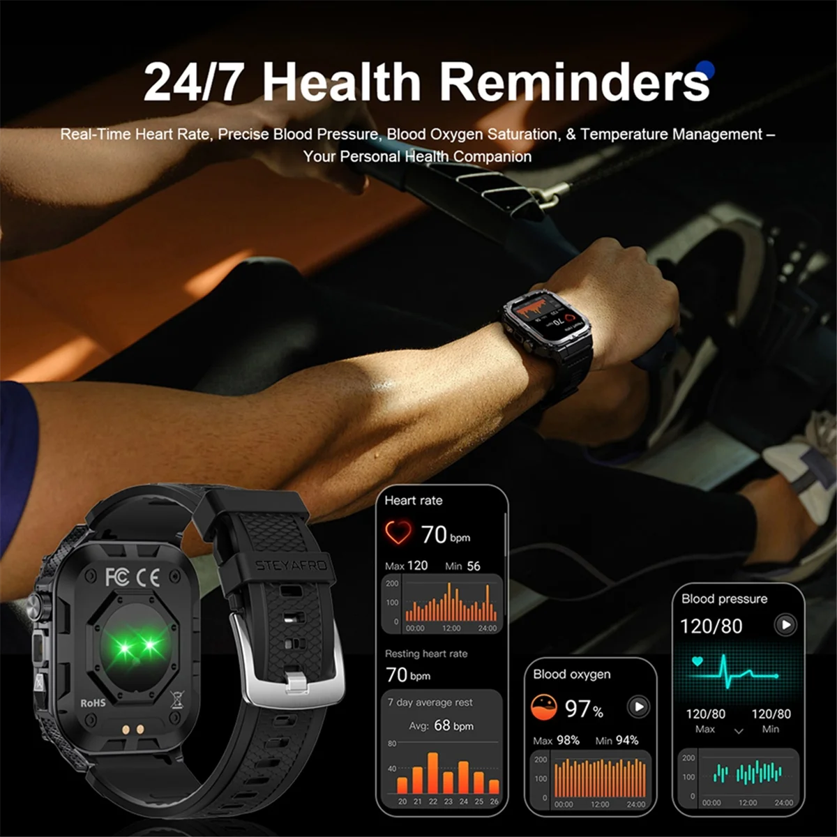 POP-lMen's Smartwatch 블루투스 통화 추적기 스포츠 시계 디지털 피트니스 Smartwatch LED 손전등 실버 실리콘