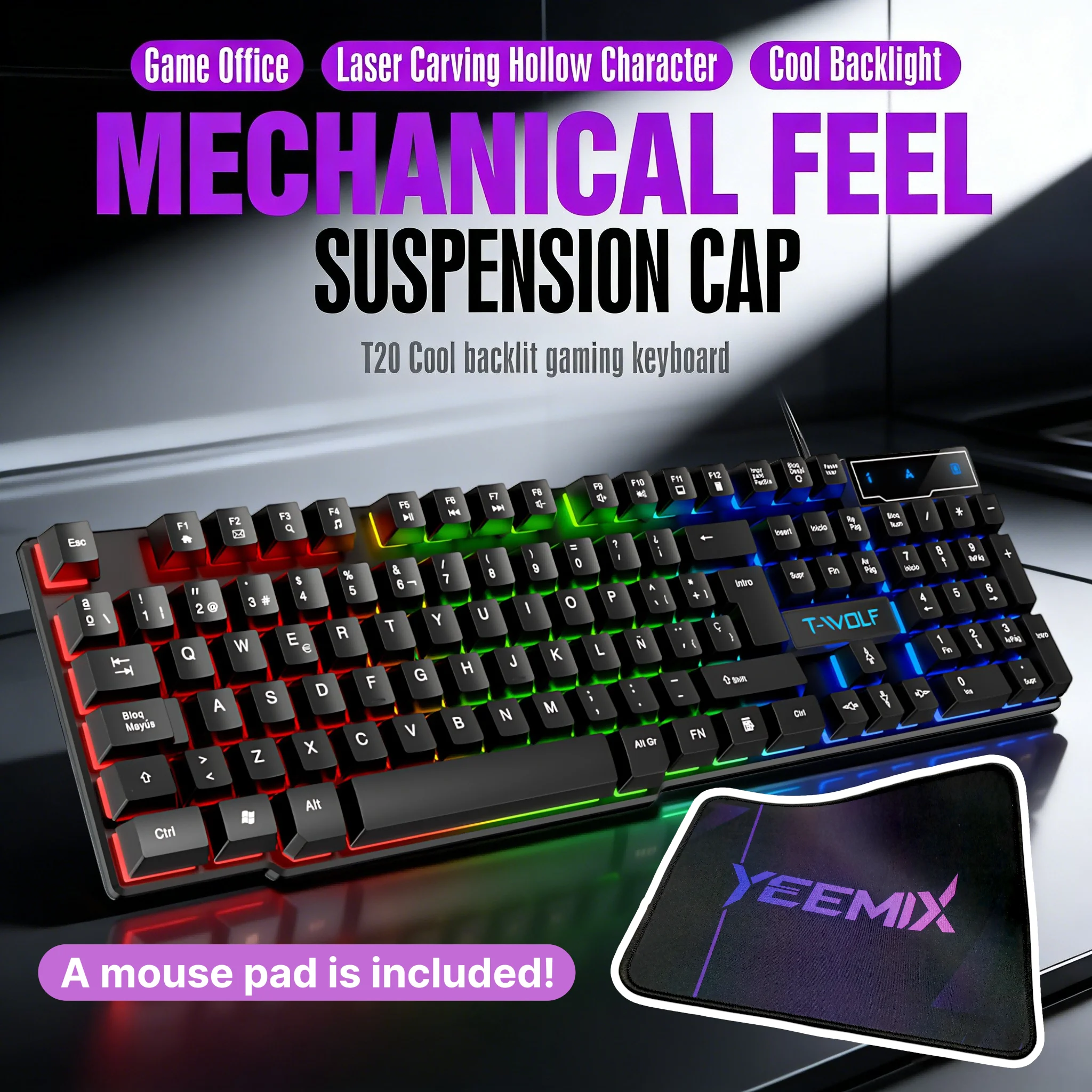 

Проводная клавиатура T20, компьютерные аксессуары, русская/испанская раскладка, USB, игровая, с RGB-подсветкой, механические сенсорные клавиши, стандартная, 104 клавиши