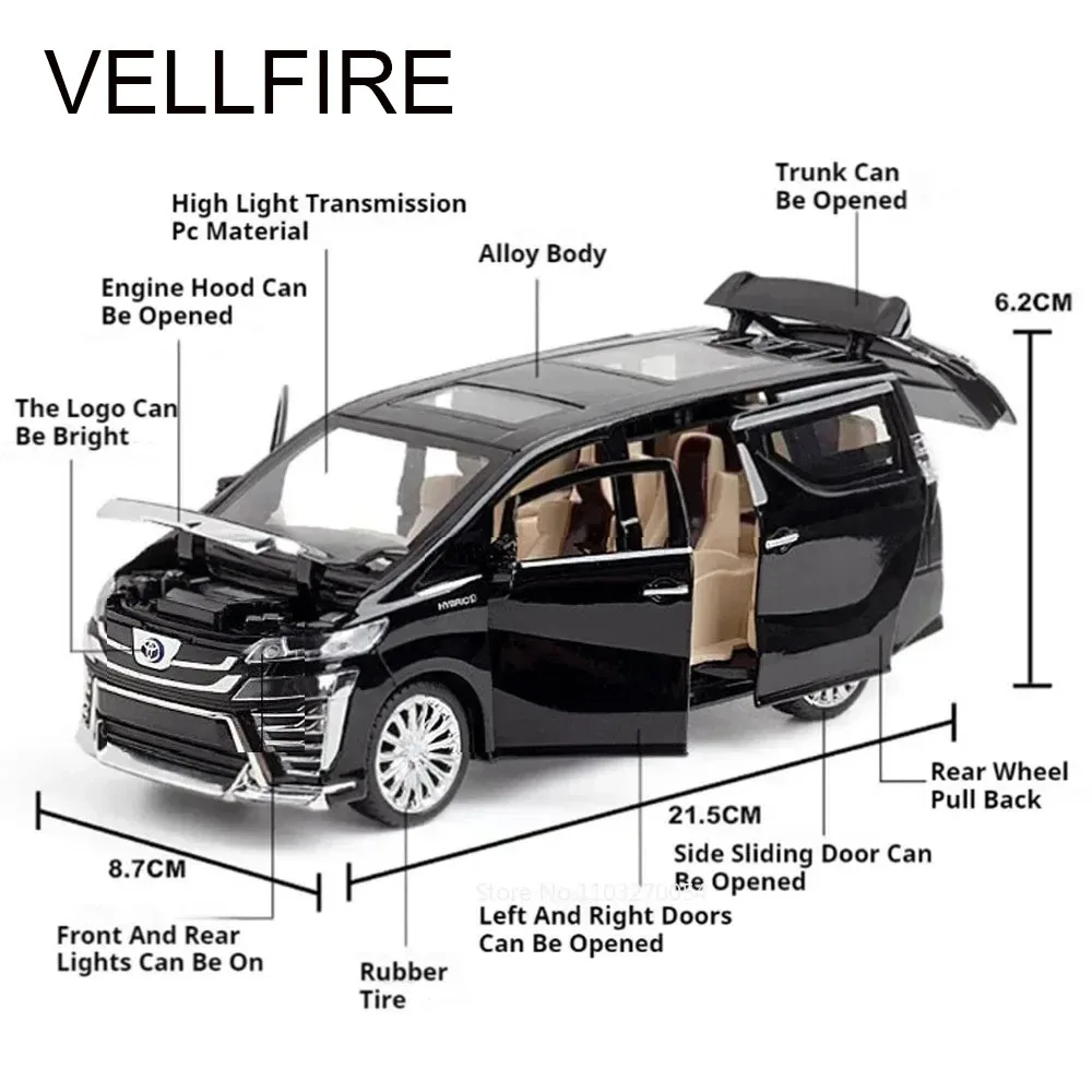 1:24 Vellfire LM300H MPV Giocattoli Modelli di auto Metallo pressofuso con tirare indietro Suono Luce Porte aperte Collezione Regali per ragazzi Bambini
