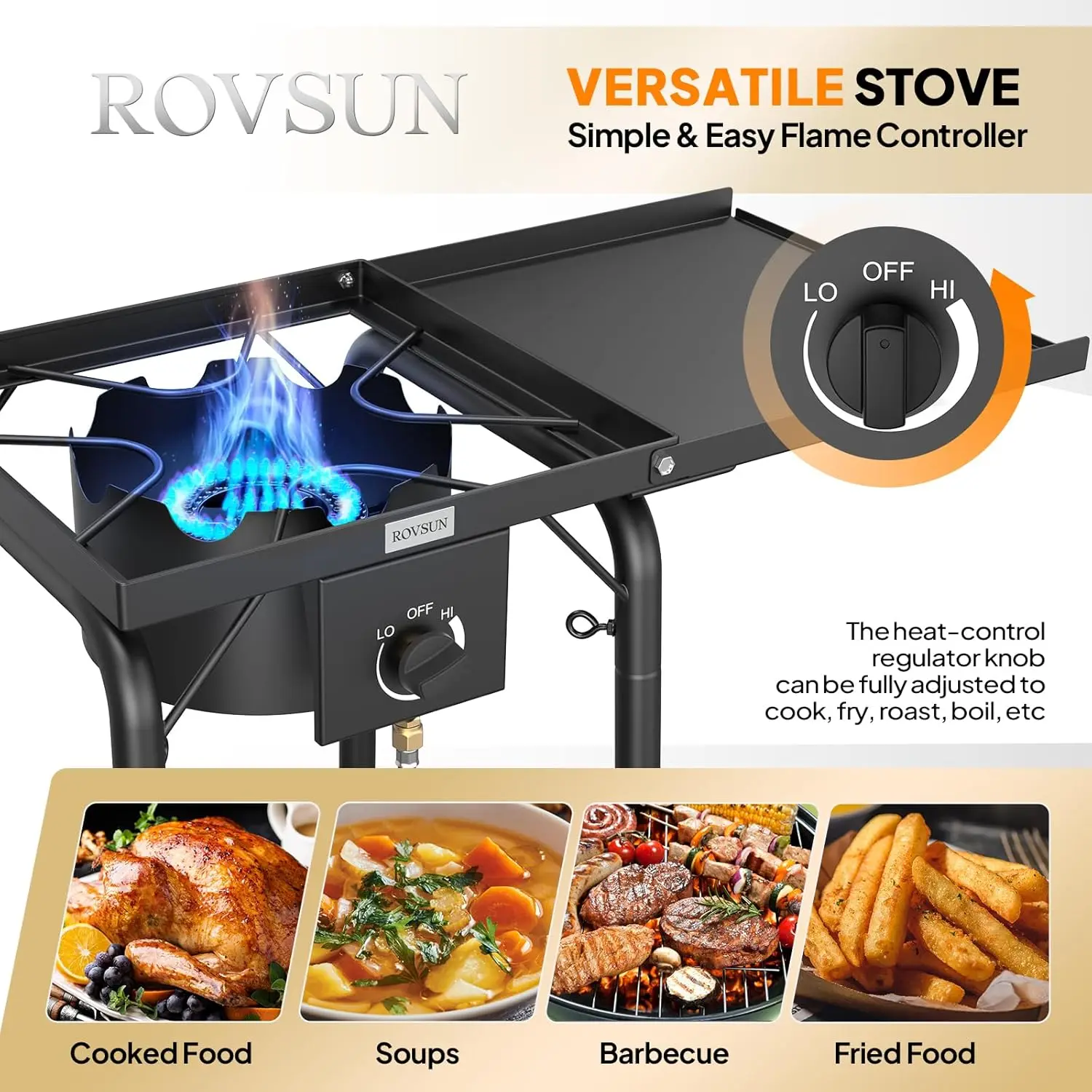 Single Burner Gas Stove with Side Shelf, 100,000BTU Portable Propane Stove with Removable Leg & Regulator for Camping Home