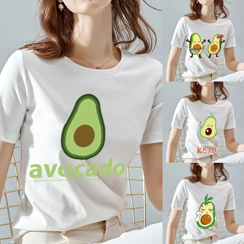 

O Neck White Top Women 2022 Summer Casual T Shirt Basic Avocado Pattern Series Print Short Sleeve Tops Ladies Graphic Clothes