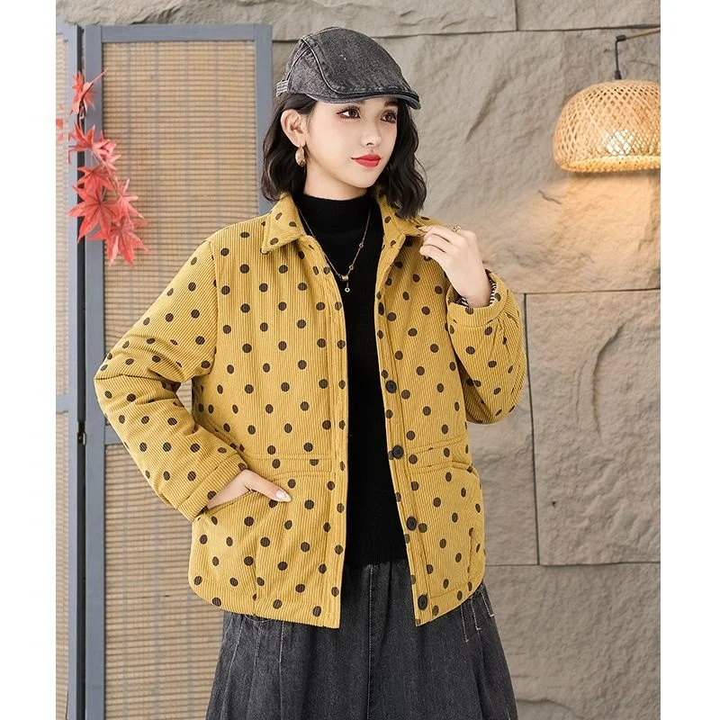 

Жакет в стиле ретро с узором в горошек для женщин, короткое хлопковое пальто на весну-осень, толстая теплая верхняя одежда с отложным воротником, повседневный винтажный стиль W2180