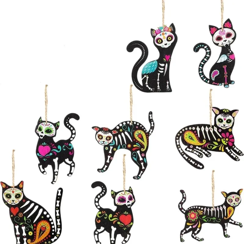 Halloween Decoration: Day of the Dead Cat Skeleton Wooden Pendant, Mexican Carnival Wooden Gift