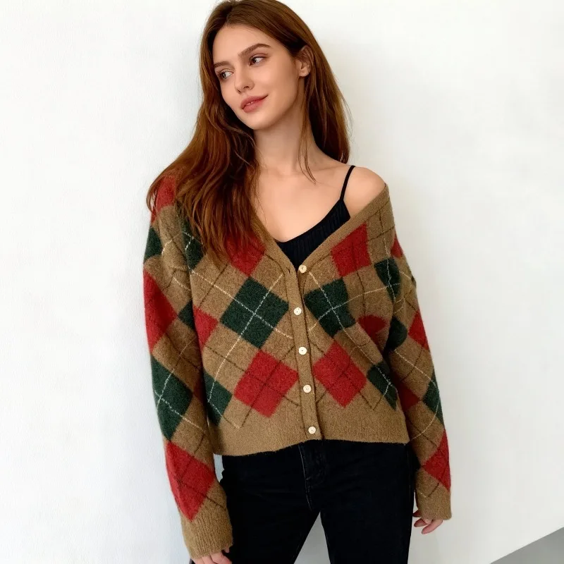 

Lozenge Vintage Cardigans for Women Color Block Sweater Women V Nek Spring Autumn Knitted Jackets Elegant Lady Knitwears