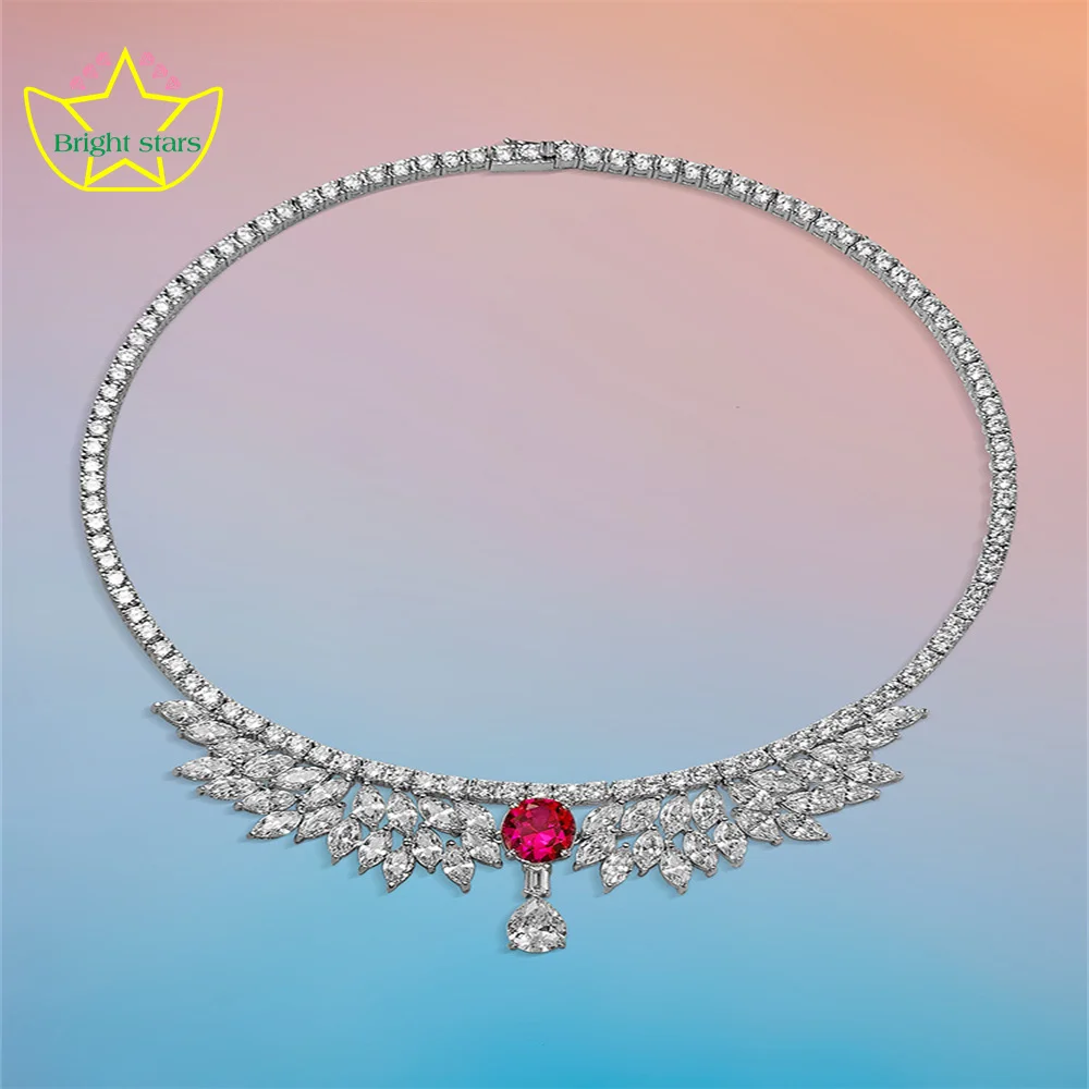 Bright Stars Fashion premium design choker S925 Silver full zircon Angel Wings Rose ruby necklace