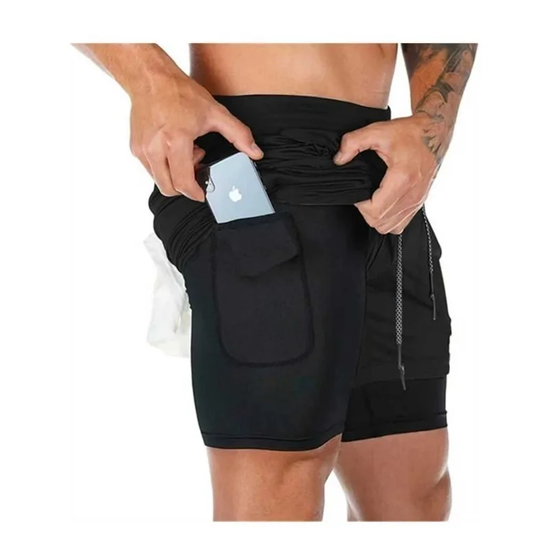 Pantaloncini da allenamento da corsa 2in1 con stampa Attack on Titan Pantaloncini da compressione performanti da uomo con tasca per telefono Abbigliamento sportivo sportivo