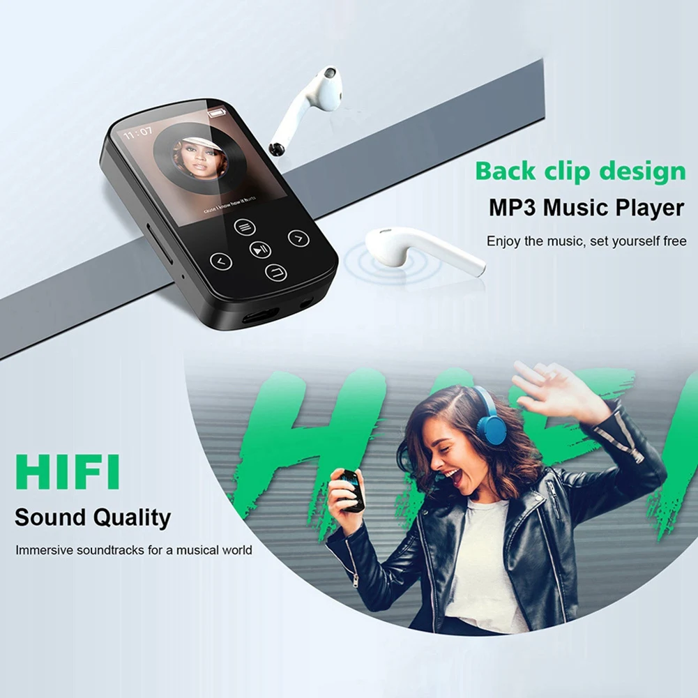 POP-lSports Pemutar MP3 Bluetooth dengan Klip 1.5 Inci Layar Sentuh Penuh Pemutar Video Mini Perekam Radio FM E-Book TF