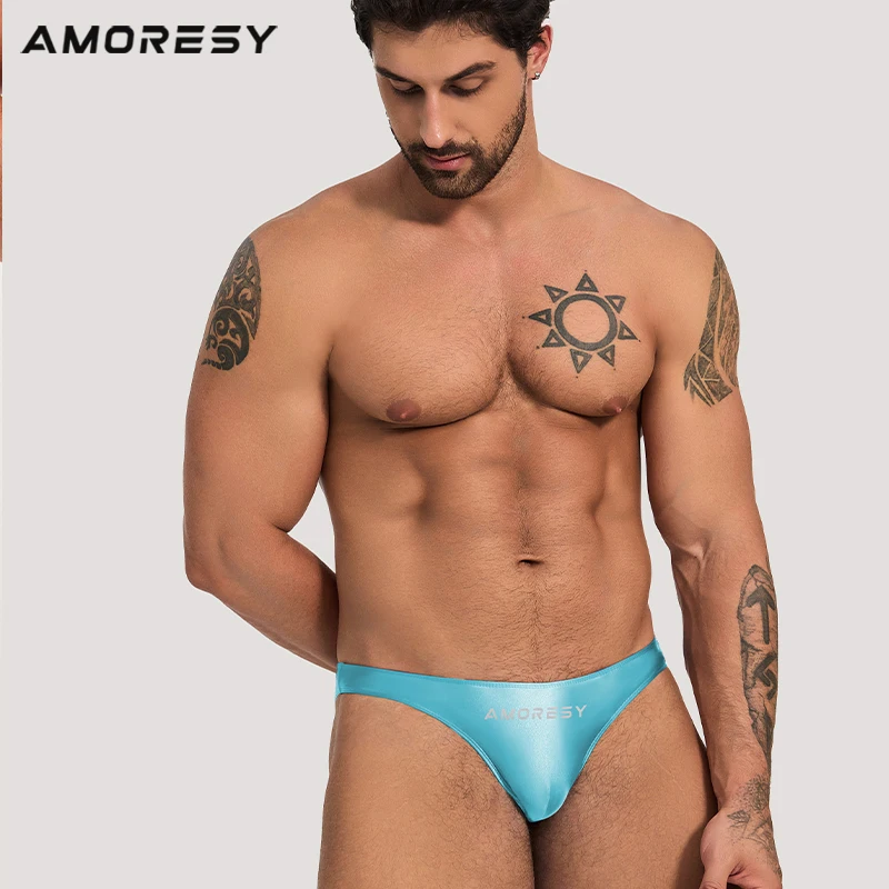 AMORESY Oceanus series spandex men\'s solid color ultra-low waist sexy sports comfortable thong swim trunks