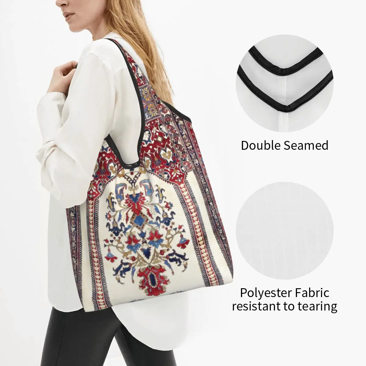Reusable Antique Bohemian Persian Silk Rug Shopping Bag Women Tote Bag Portable Geometric Ethnic Kilim Grocery Shopper Bags