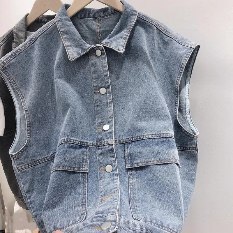 Retro BF Style Denim Jacket Vest Waistcoat Women Sleeveless Casual Japanese Versatile Clothes Outwear Denim Cargo Tops
