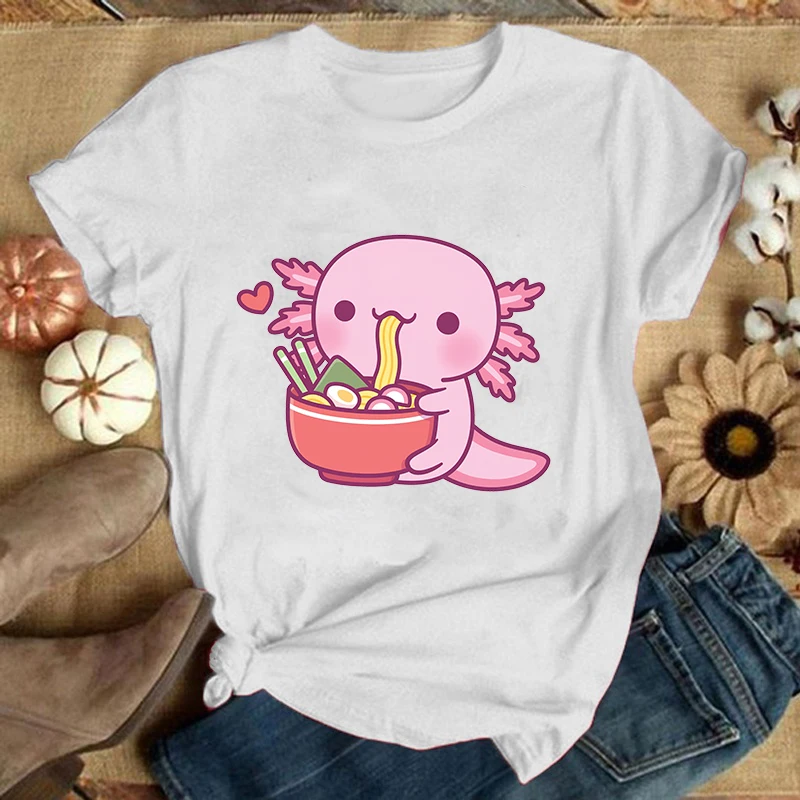 (Premium T-shirt)Women'S Fashion Funny Axolotl Hand-Pulled Noodle Letters Print Women Tshirt Casual Funny T Shirt For Lady Girl