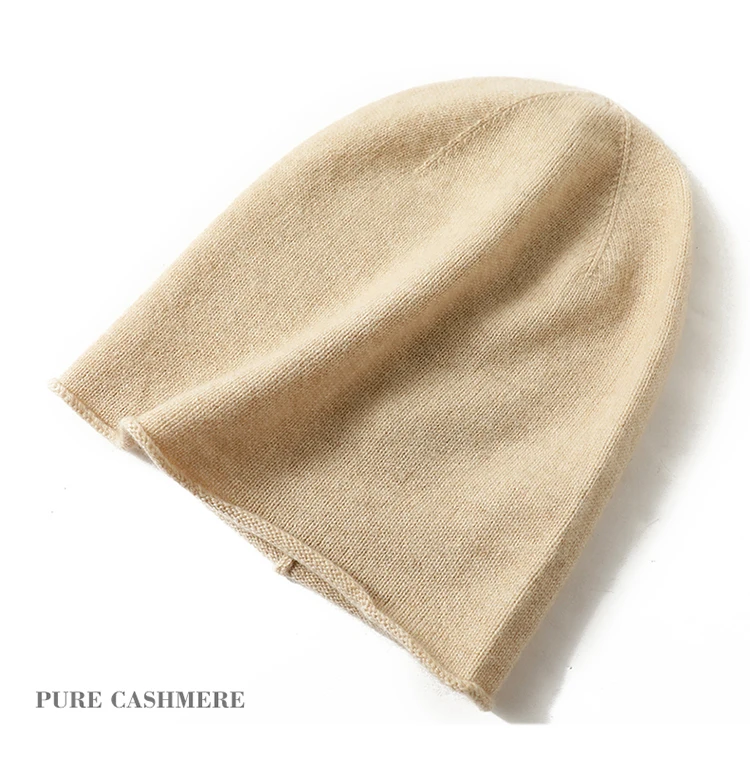 Damen-Mützen aus 100 % reinem Kaschmir, solide Kappen, gerollter Saum, lässig, Basic, weich, Herbst und Winter, echter Kaschmir, warme Schlafhaar-Mütze – Detail 15