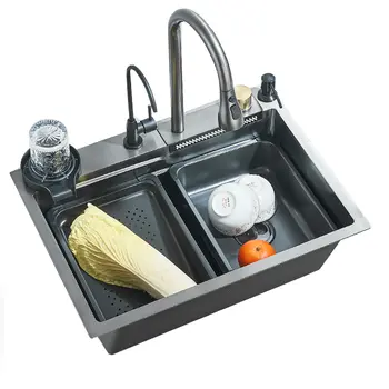 304不鏽鋼瀑布式廚房水槽,大單槽一體成型60X45公分水龍頭套裝,附皂液器/淨水器/杯墊 8 最佳銷售 廚房水槽瀑布 - №1