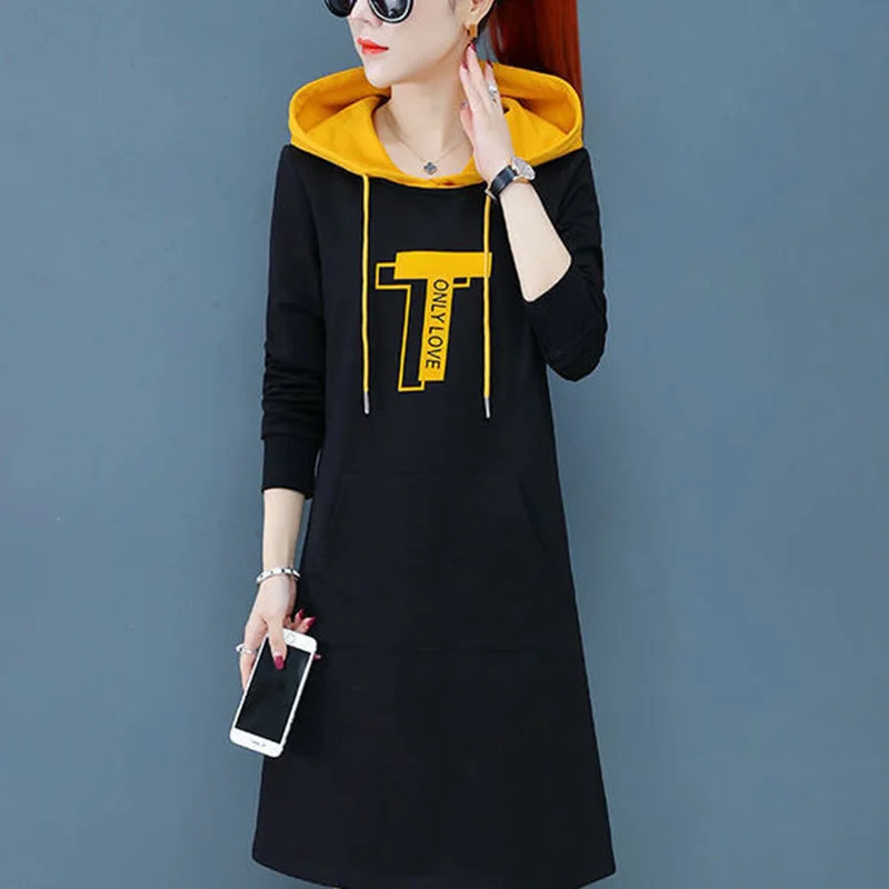 Fashion Hooded Spliced Pockets Letter Casual Dresses Female Clothing 2023 Autumn New Long Sleeve Loose Korean Mini Dress