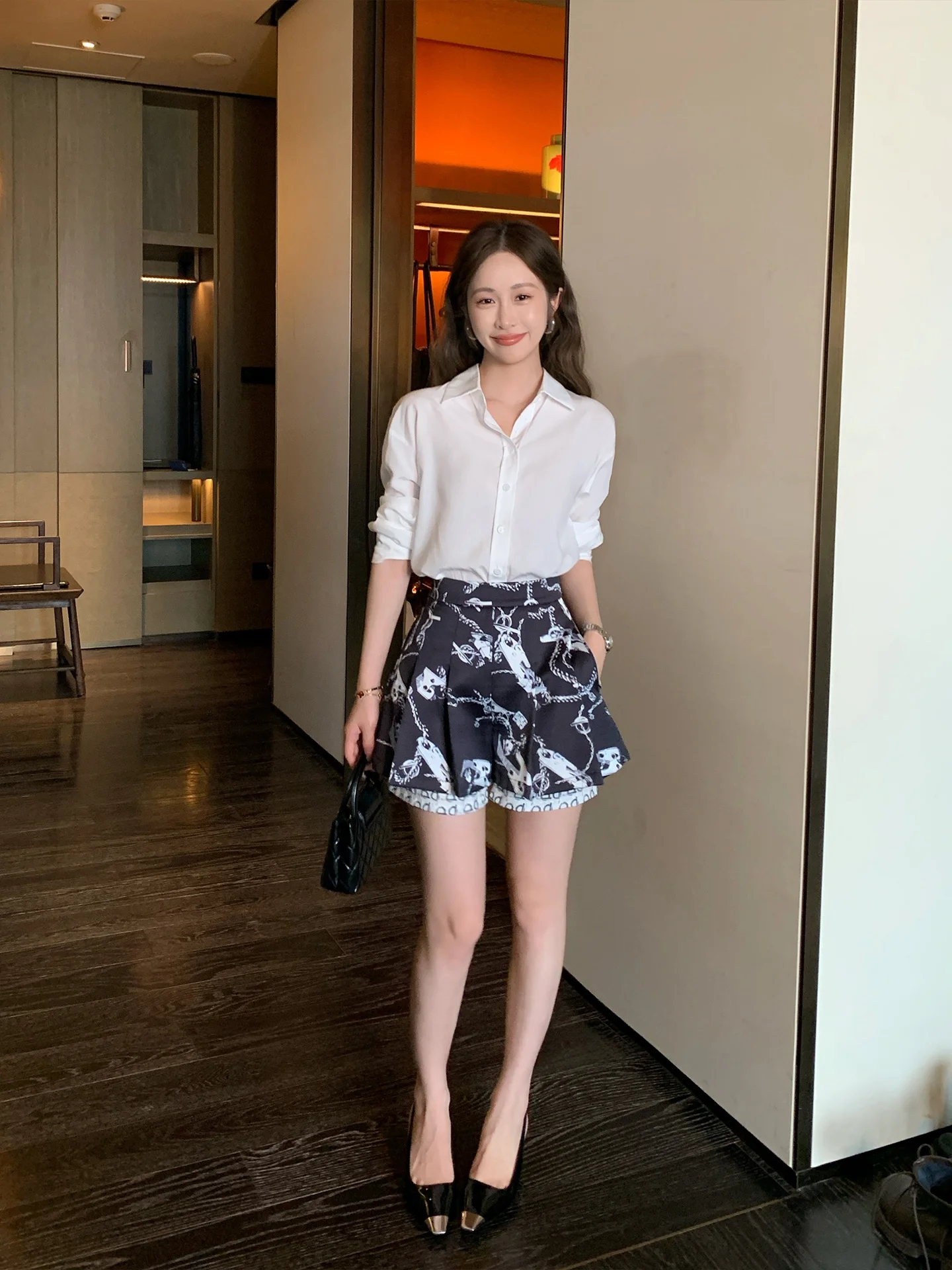 

High Waist A-Line orts Women's Loose Pleated Pants Bla White Print Casual Trousers Spring Season Ladies Faion