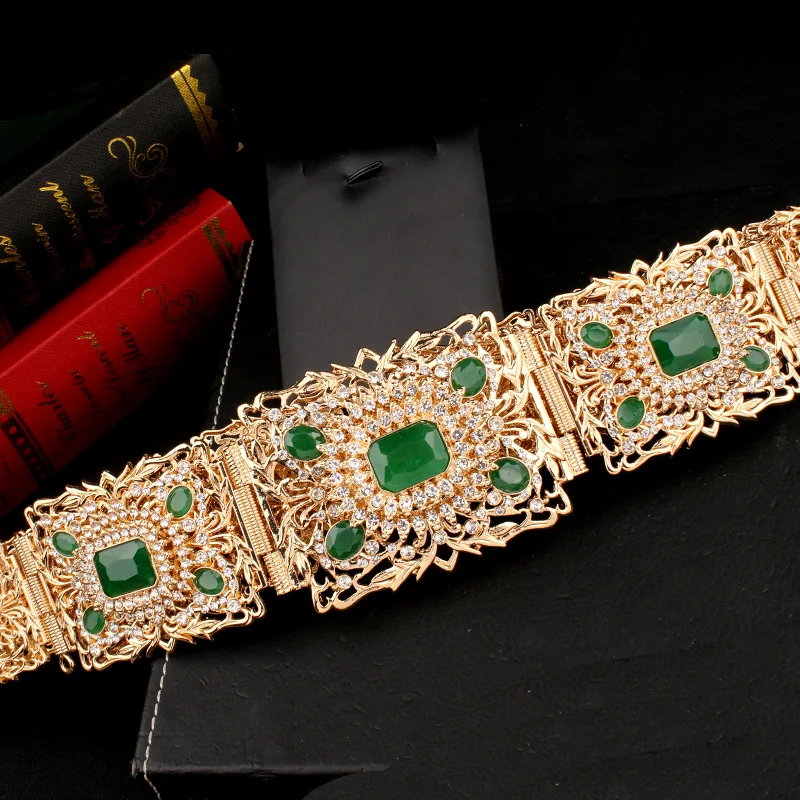 Marokko Traditionele Bruiloft Riemen Met Groen Rood Strass Gold Plating Bridal Jewelries Etnische Vrouwen Bijoux Luxe Bruid Gift