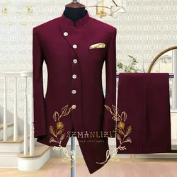 SZMANLIZI New Indian Style Burgundy Mens Suits With Pant Stand Collar Man Wedding Dress Groom Party Tuxedos Terno Masculino