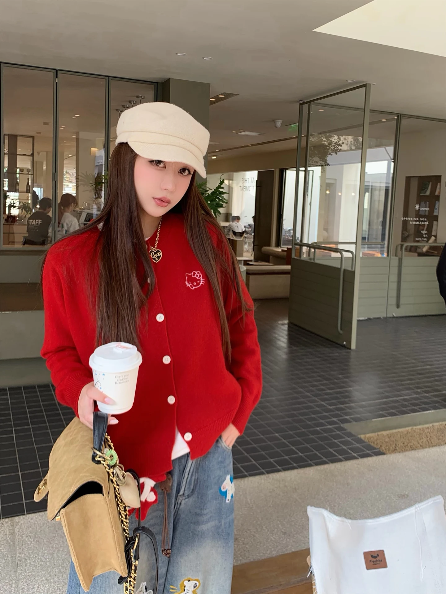 

Red Kit Sweater Cardigan Women's Autumn Winter New Sle Layered Soft Cozy Cisas High-End Aosphere Top for Teen Girls