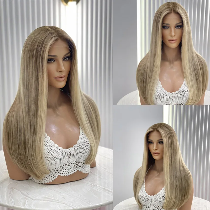Cosplay Synthetic mixed Human Lace Front Wig Straight Brown Blonde Lace Real Natural Women