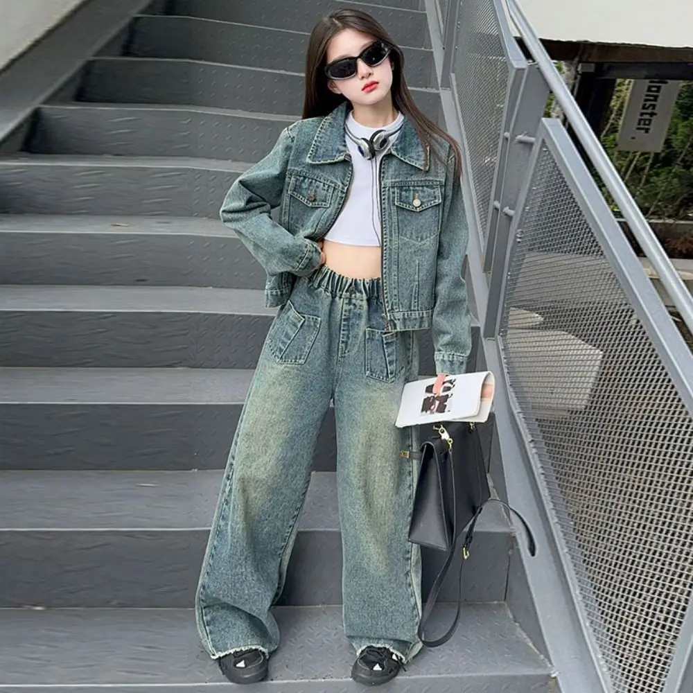 

Fashion Y2K Children Cowboy Set Wide Leg Pants Loose Jeans Jacket Suit Retro Teens Girls Clothes Set Party