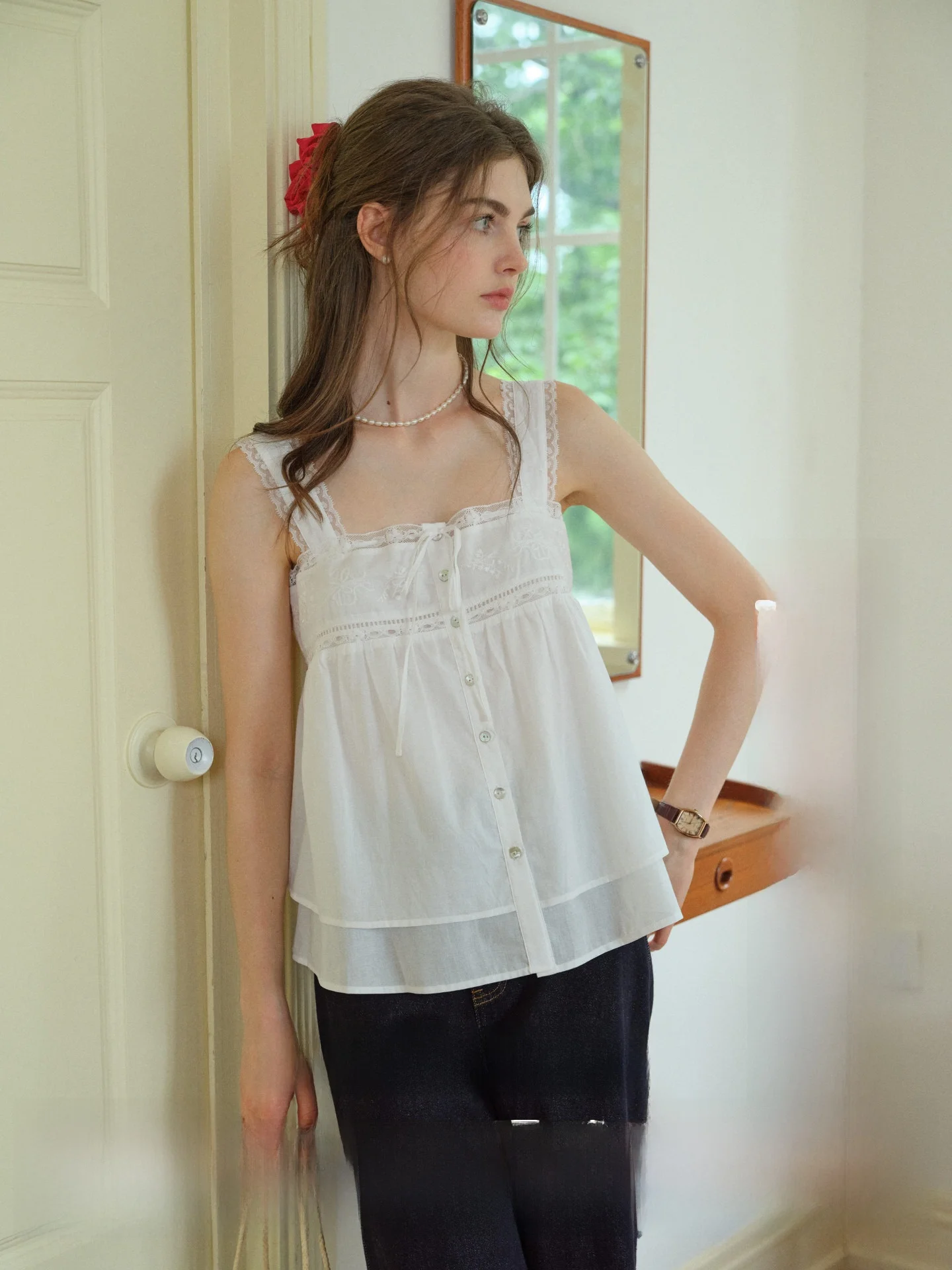 Pure Cotton U-Neck Lace Trim Camisole Vest Women's White Cotton 80 Thread Count Morning Blossom Simple Retro Style
