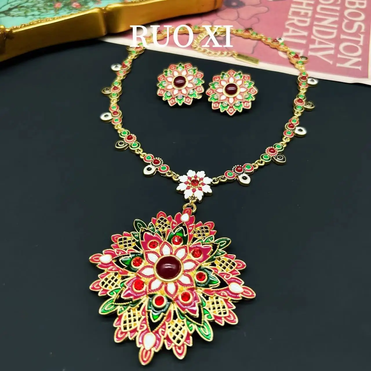 Jewelry Decoration Earrings for Girl  Enamel Flower Ethnic Set Earrings Monet Necklace Party Vintage Medieval Palace Treasure