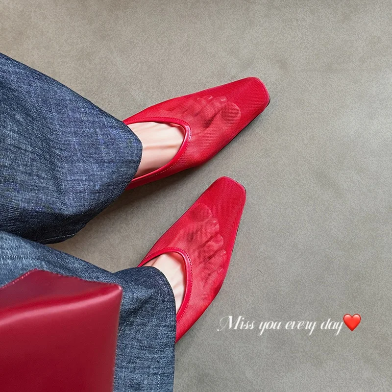 أحذية نسائية صيفية شبكية بكعب متوسط قابلة للتنفس صنادل بمقدمة مربعة أحذية بسيطة شعبية أحذية فضية وسوداء #2