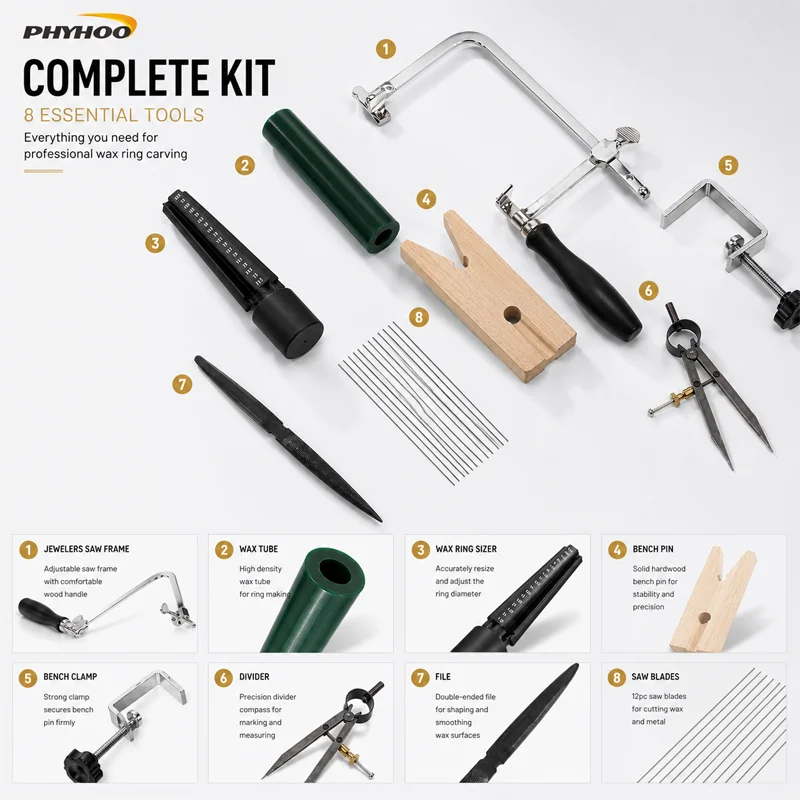 PHYHOO Professional Jewelry Wax Ring Carving Kit Divider Saw Frame Blades Bench Pin Sizer File Making Casting Tools Fast Shippin