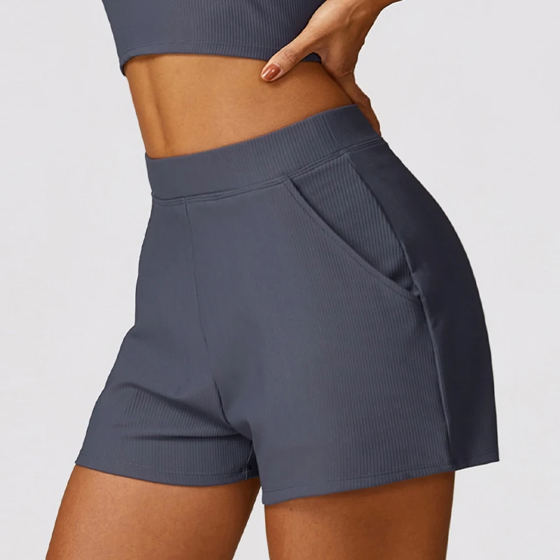 Ribbing Yoga Shorts Casual Sports Shorts Women Pockets Gym Running Pants Women Workout Loose-fitting Shorts Female Yoga Clothing