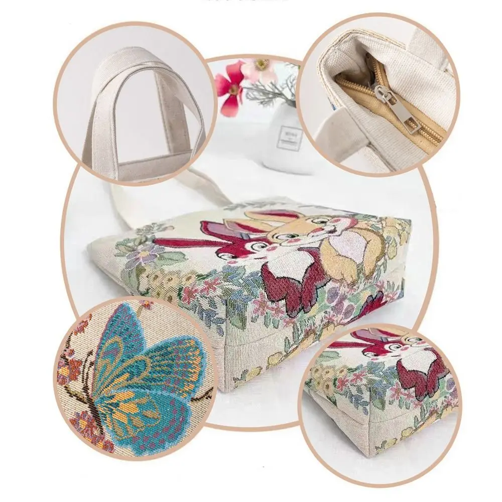 Embroidery Canvas Bag Cute Cat Flowers Tote Bag Fashion Style Small Shoulder Traveling Pouch Handbag