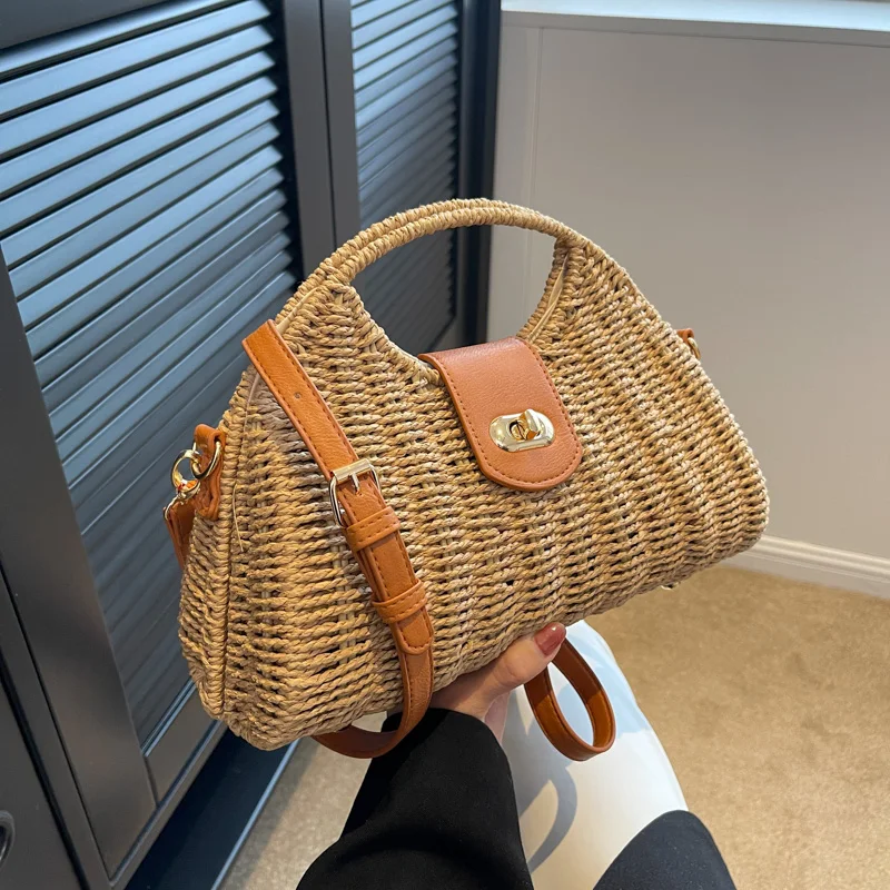 Rattan Straw Shoulder Bag Women Boho Hand-Woven Basket Messenger Pouch Summer Beach Luxury design Top-handle Handbag for Lady