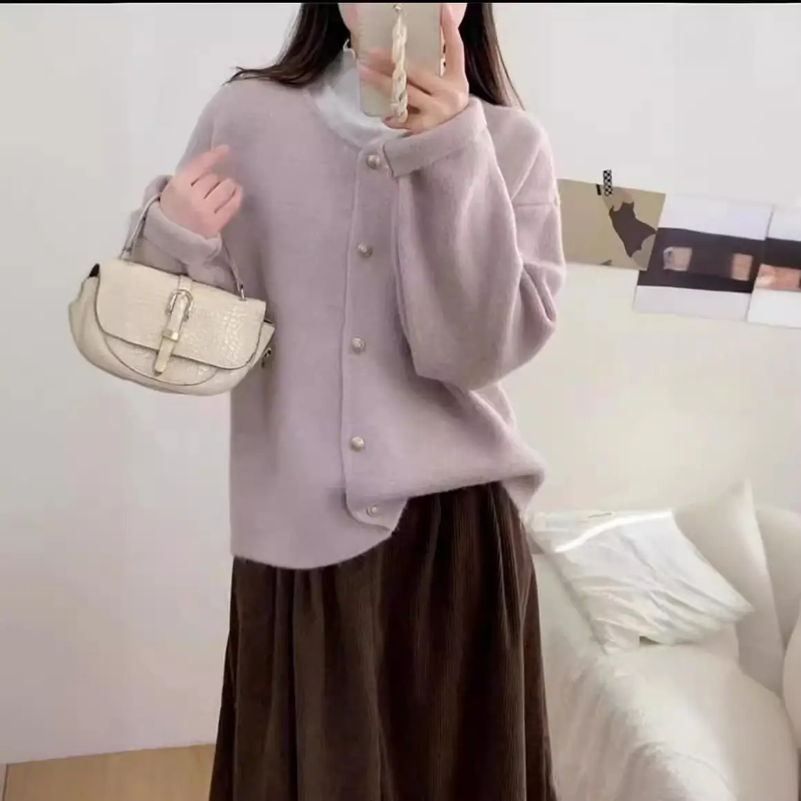 

Ingeya Knitted Pure Color round Ne Sweater Jaet Women's High Faion Korean Sle Single Button Long Sve Cardigan