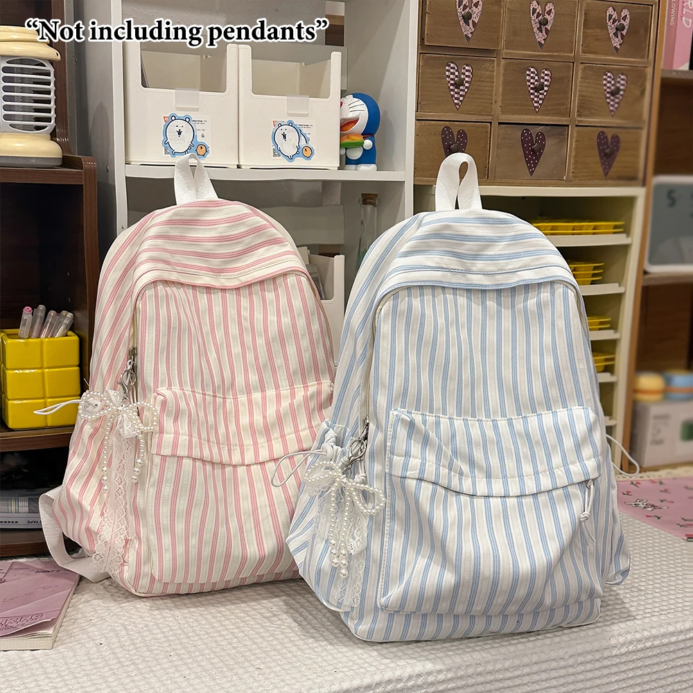 

Striped Cotton Blend Backpack, Casual School Bag with Drawstring Side Pockets & Adjustable Straps for Girls