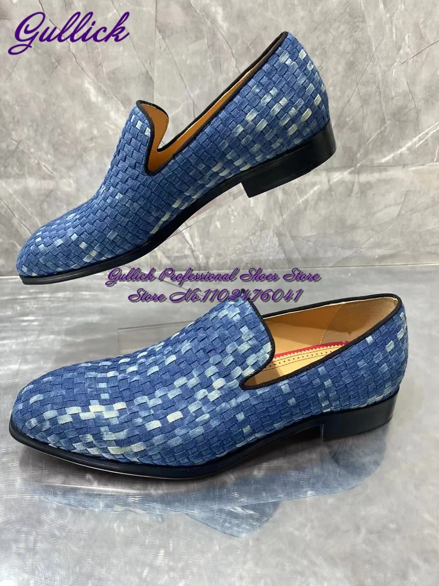 

Gulick Men's Blue Denim Braided Dress Shoes Slip-On Plaited Loafers Noble Men's Business Suits Footwear Office Shoes Size48