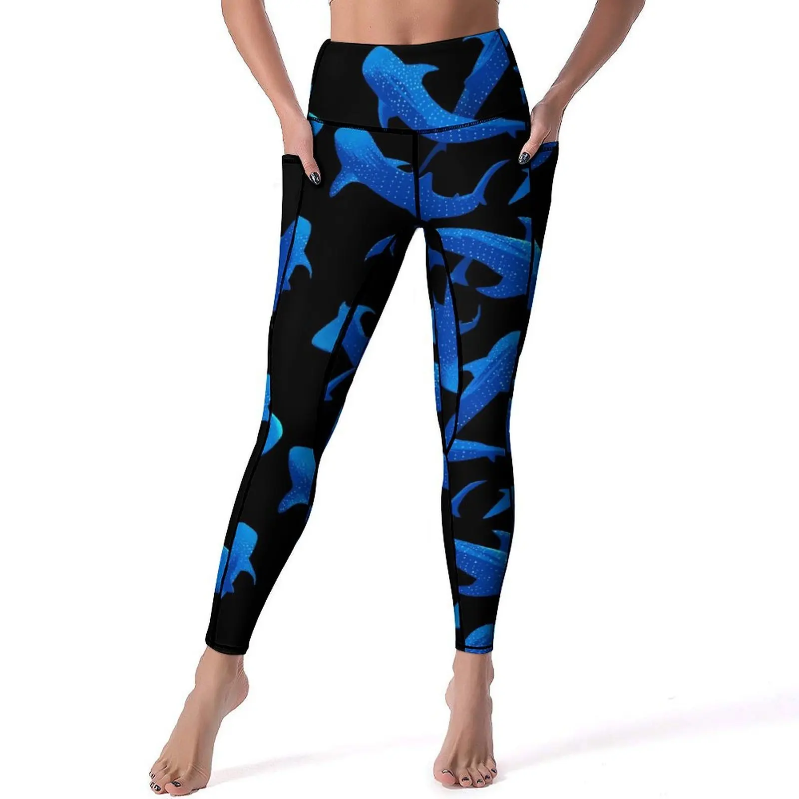 

Леггинсы с принтом акулы и Кита, пикантные синие штаны для йоги и тренажерного зала, быстросохнущие спортивные трико с высокой талией и карманами, дышащие леггинсы с графическим рисунком
